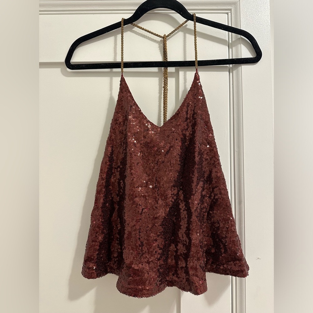 Red Sequin Tank Top with Gold Chain Straps